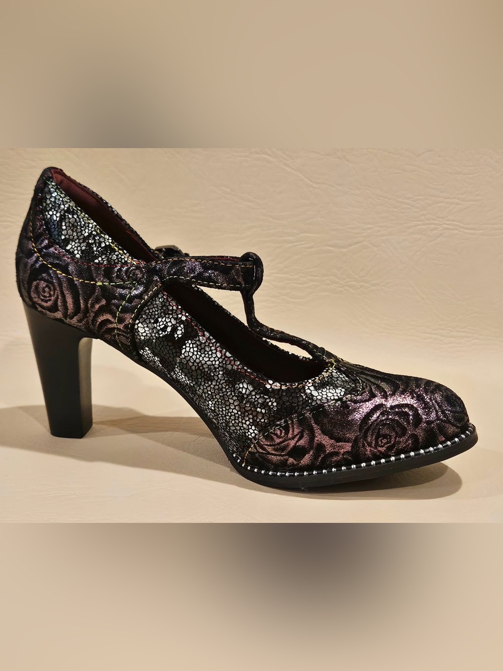 L'Artiste Mazie Black Leather Floral Mosaic T-Bar Heels - Spring Step Mary Jane